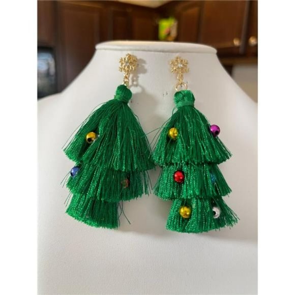 Green Fringe Christmas Tree Earrings Christmas Ornaments Decor Bridal Jewelry - Picture 6 of 6
